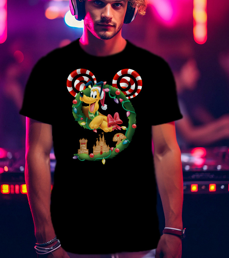 Pluto Holiday Wreath With Candy Canes And Gingerbread Castle T-Shirt