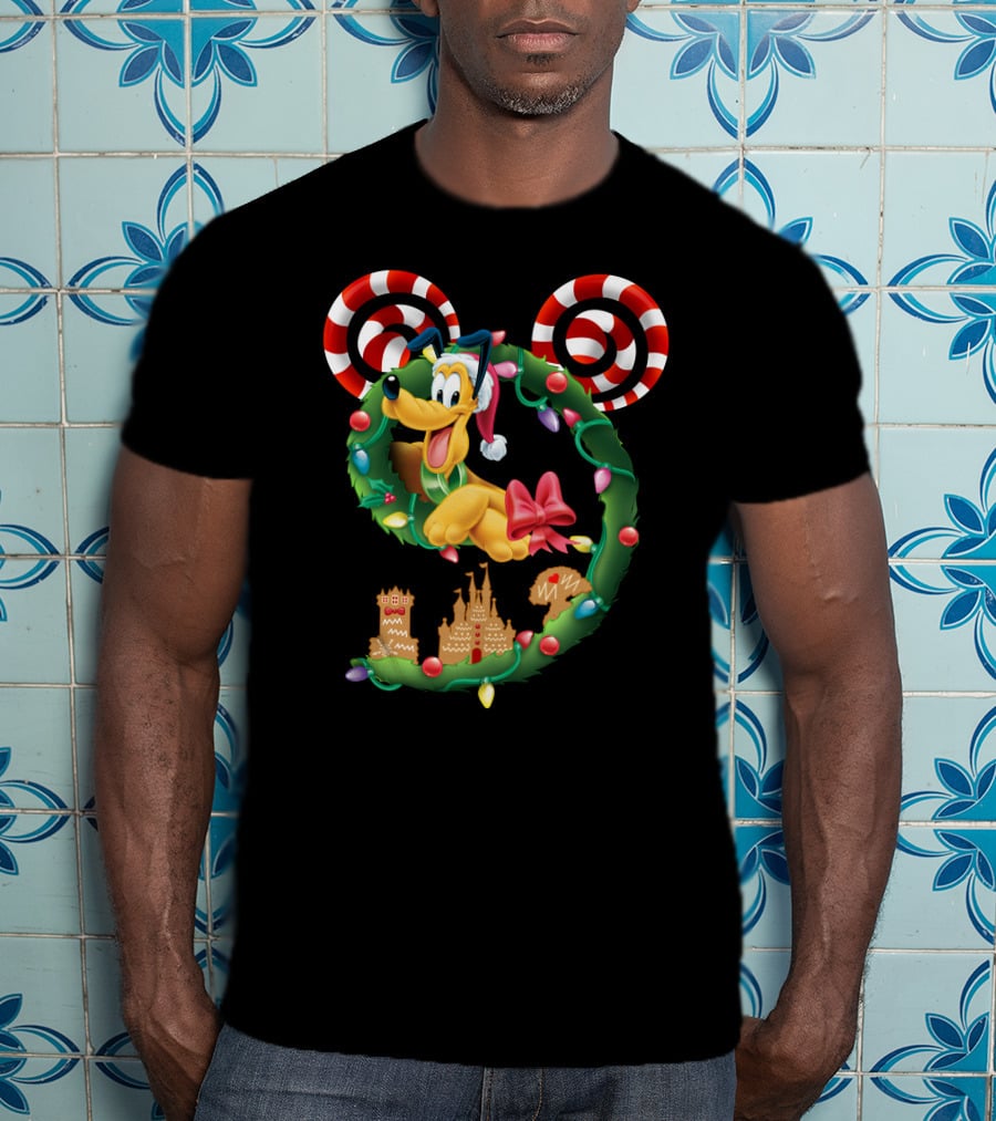 Pluto Holiday Wreath With Candy Canes And Gingerbread Castle T-Shirt