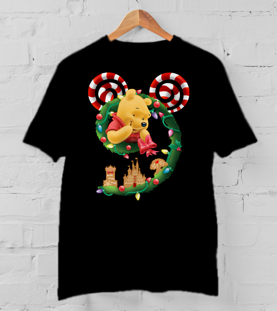 Winnie Pooh Christmas Wreath With Candy Canes And Holiday Castle Cookies T-Shirt