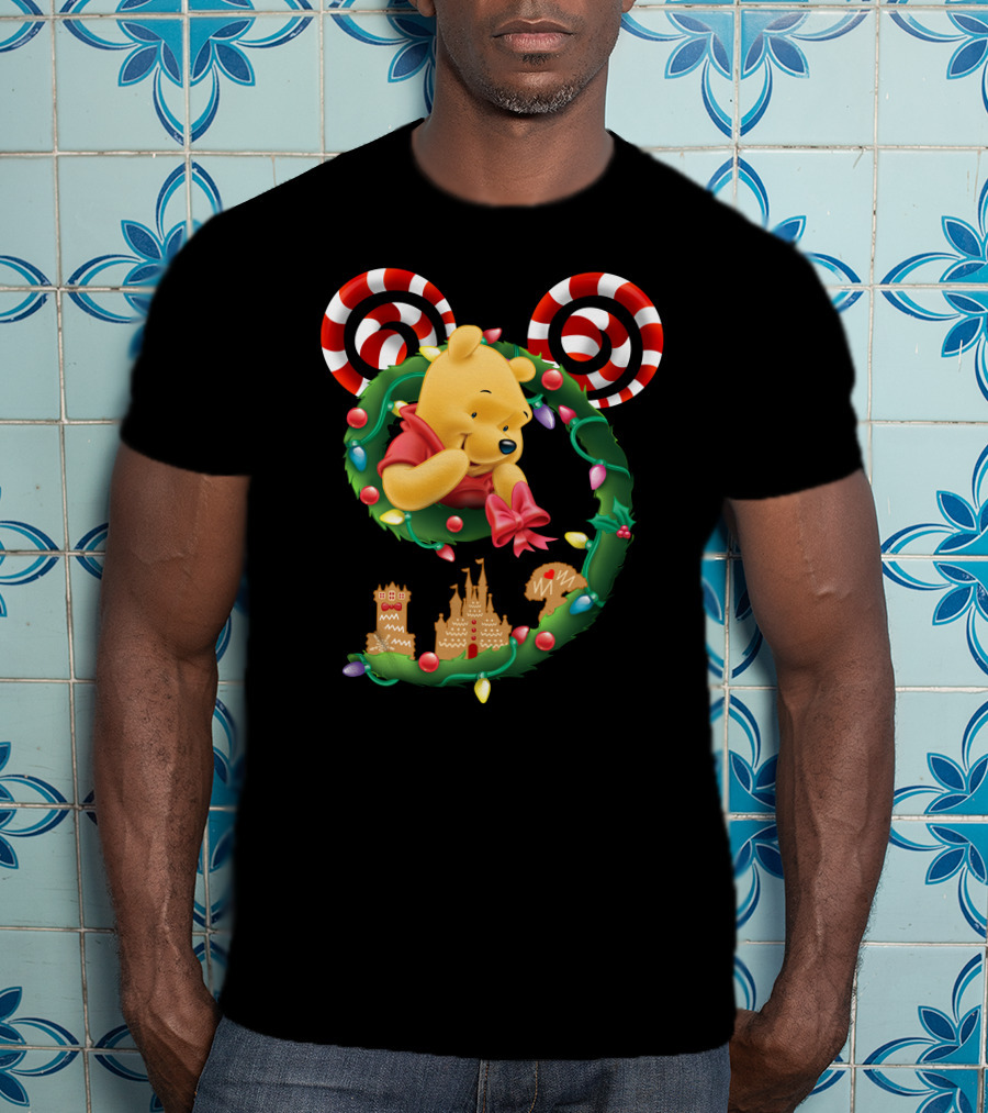 Winnie Pooh Christmas Wreath With Candy Canes And Holiday Castle Cookies T-Shirt