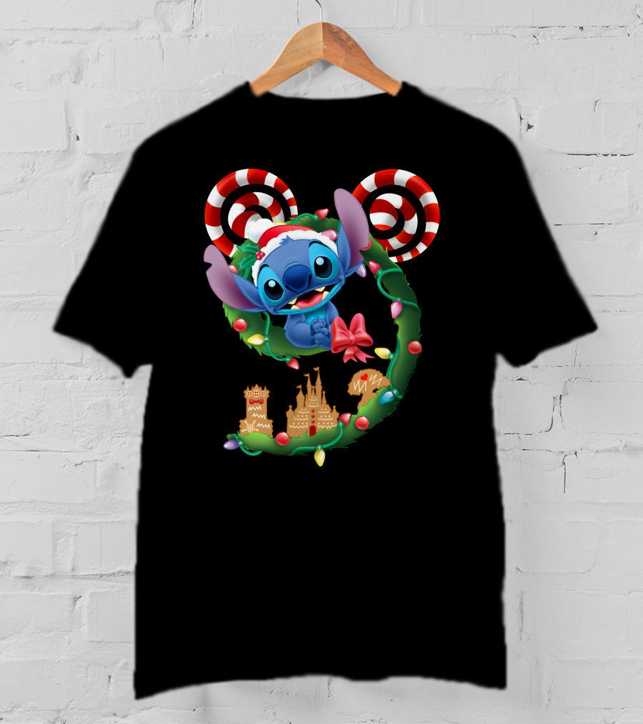 Stitch Christmas Wreath With Candy Canes And Gingerbread Castle T-Shirt