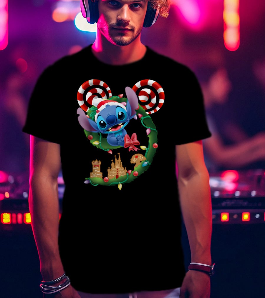 Stitch Christmas Wreath With Candy Canes And Gingerbread Castle T-Shirt