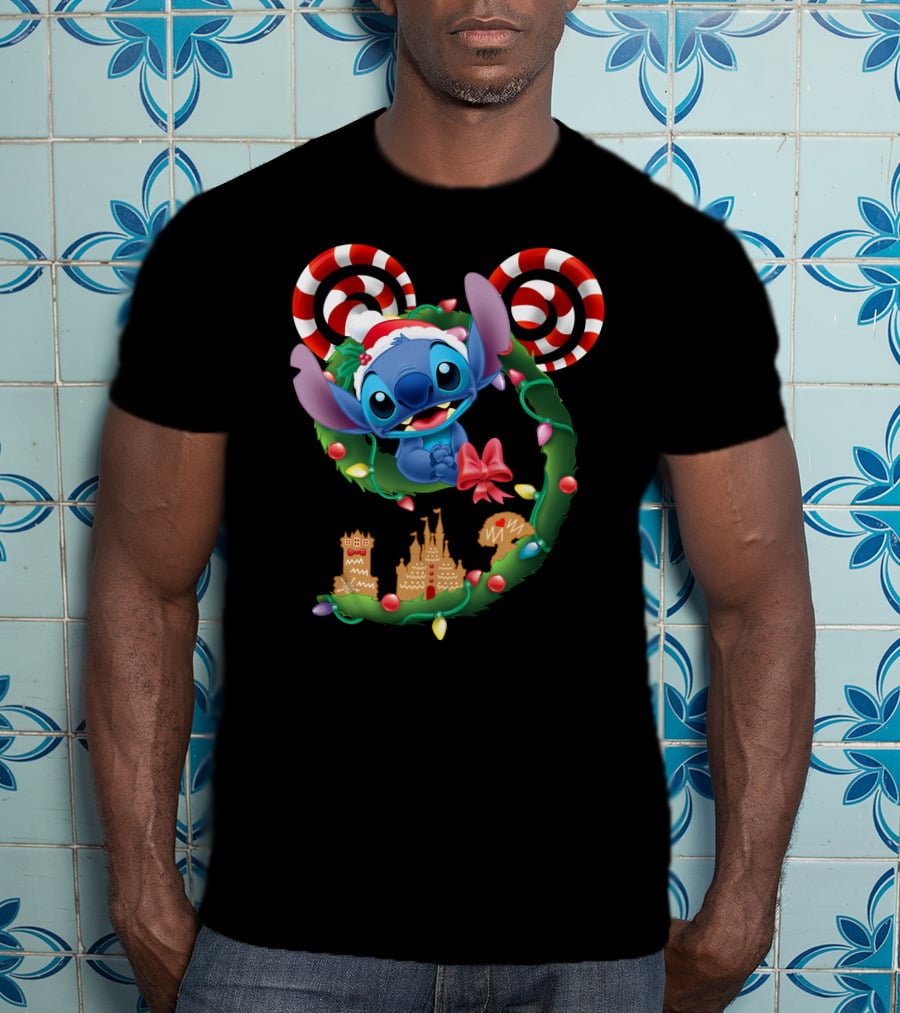 Stitch Christmas Wreath With Candy Canes And Gingerbread Castle T-Shirt