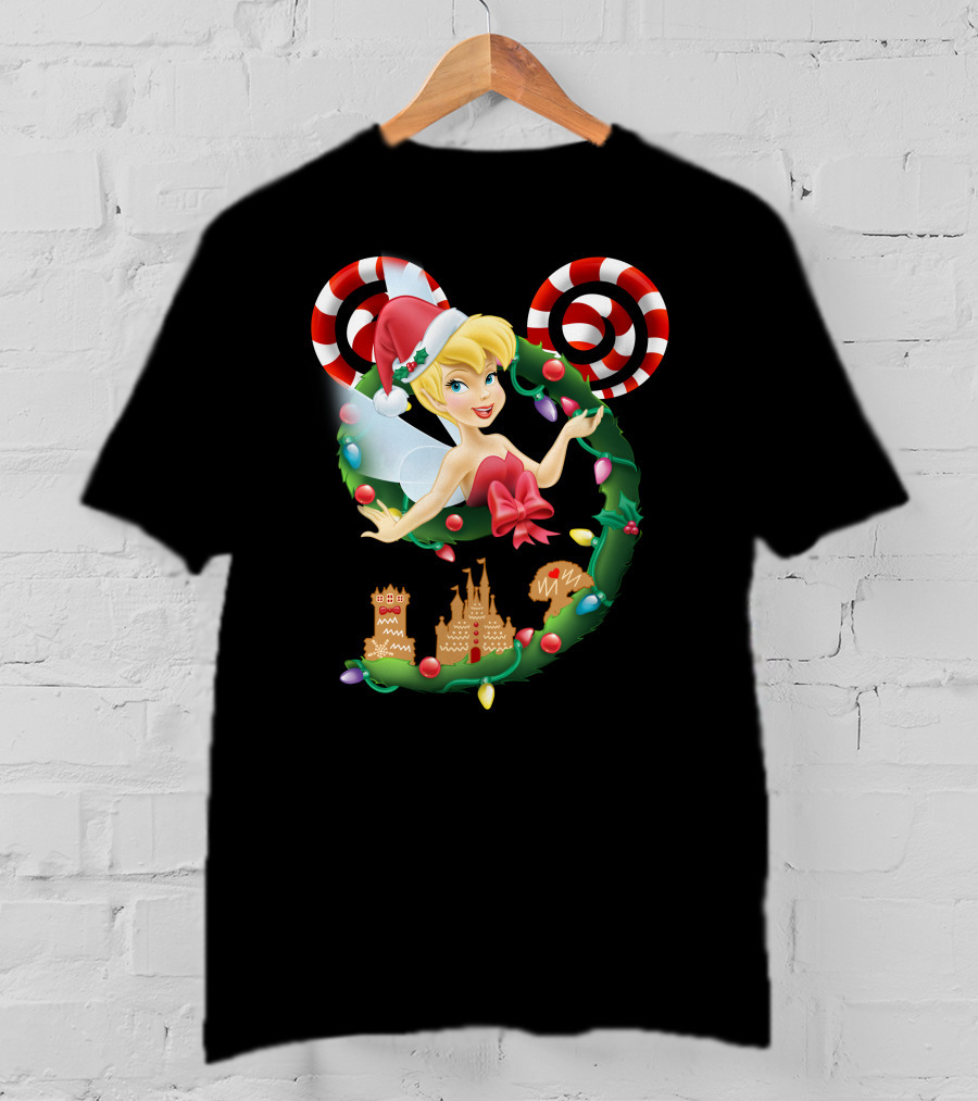 Tinkerbell Christmas Mickey Wreath With Candy Canes And Castle T-Shirt