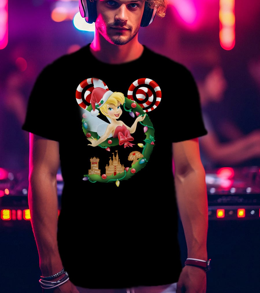 Tinkerbell Christmas Mickey Wreath With Candy Canes And Castle T-Shirt