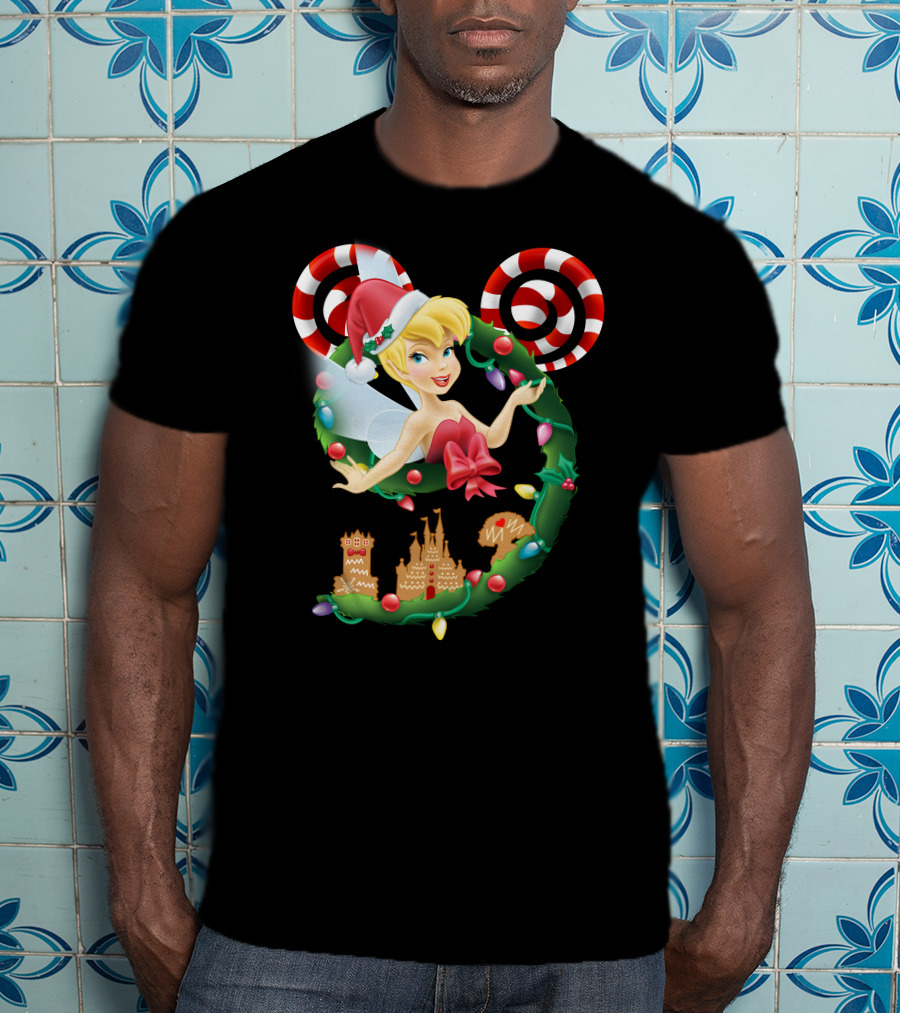 Tinkerbell Christmas Mickey Wreath With Candy Canes And Castle T-Shirt
