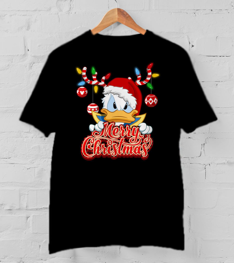 Merry Christmas Donald Wearing Santa Hat And Reindeer Antlers T-Shirt