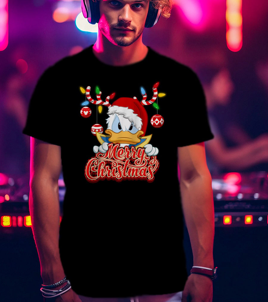 Merry Christmas Donald Wearing Santa Hat And Reindeer Antlers T-Shirt