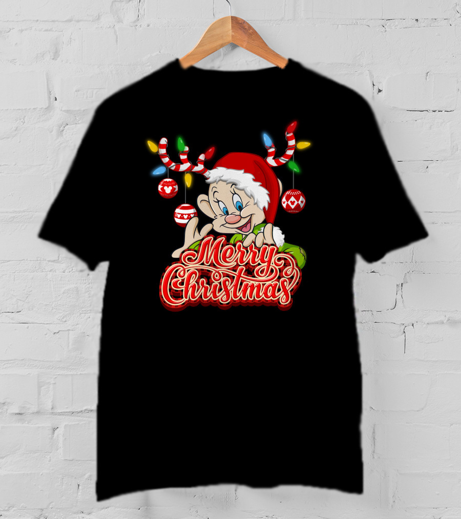 Merry Christmas Dopey Reindeer Antlers And Santa Hat With Christmas Ornaments T-Shirt