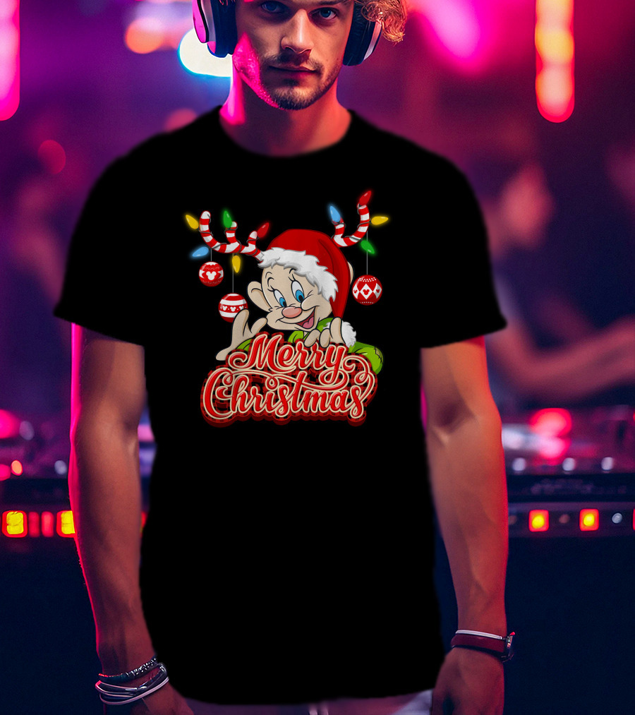 Merry Christmas Dopey Reindeer Antlers And Santa Hat With Christmas Ornaments T-Shirt