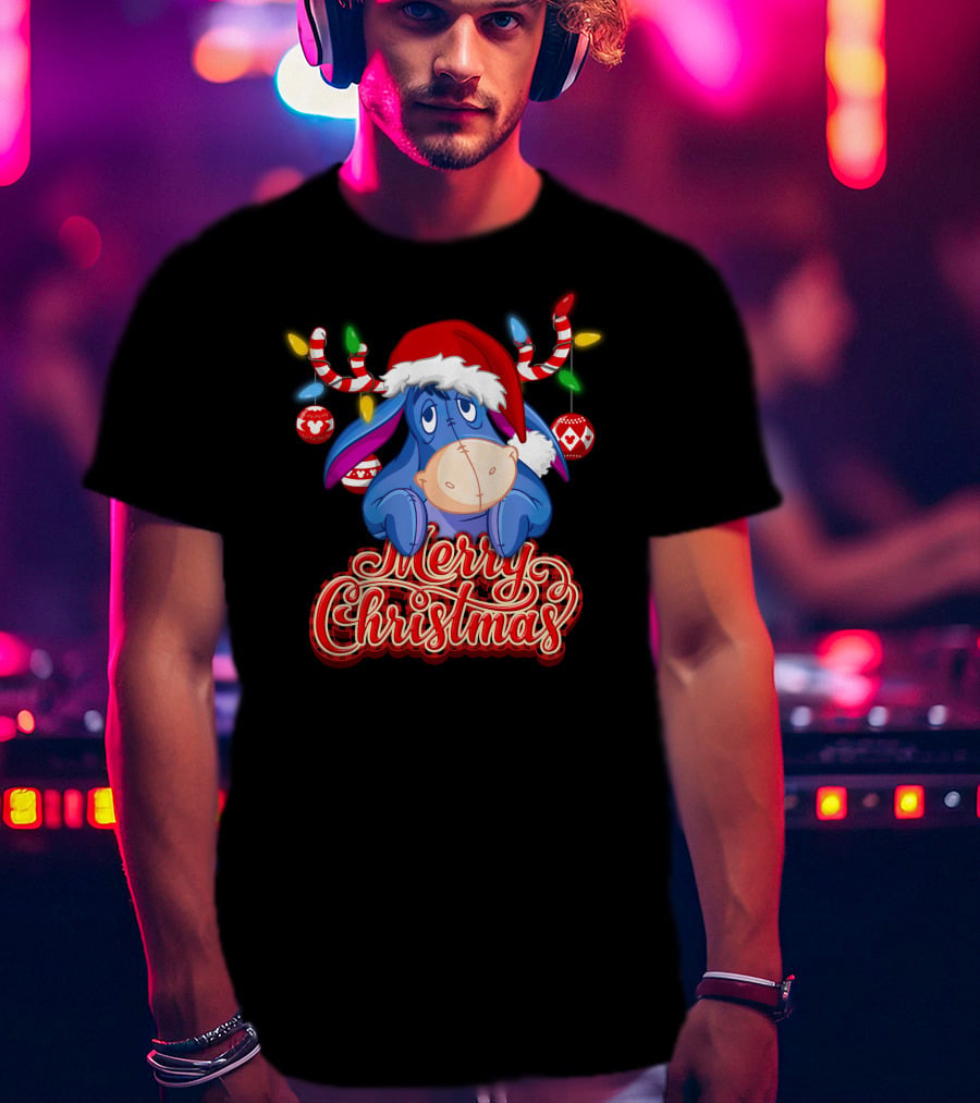 Eeyore Merry Christmas Santa Hat Reindeer Lights T-Shirt
