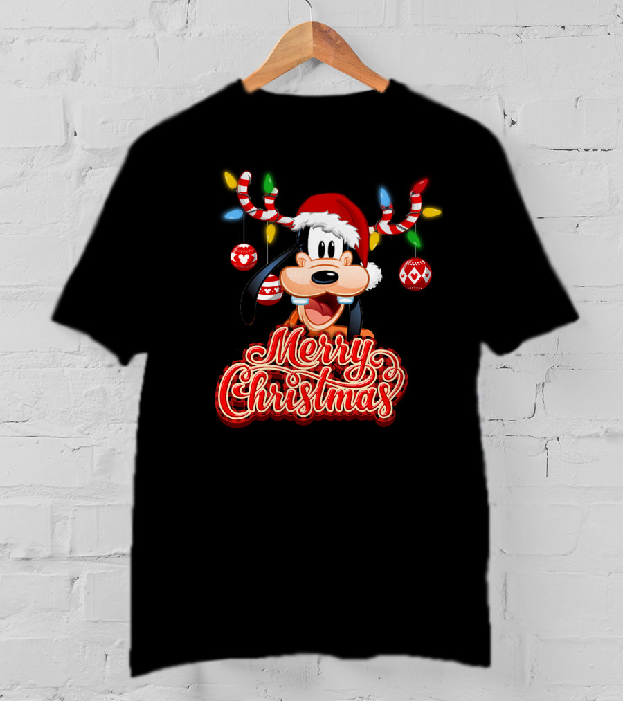 Merry Christmas Goofy Santa Hat Lights Antlers T-Shirt