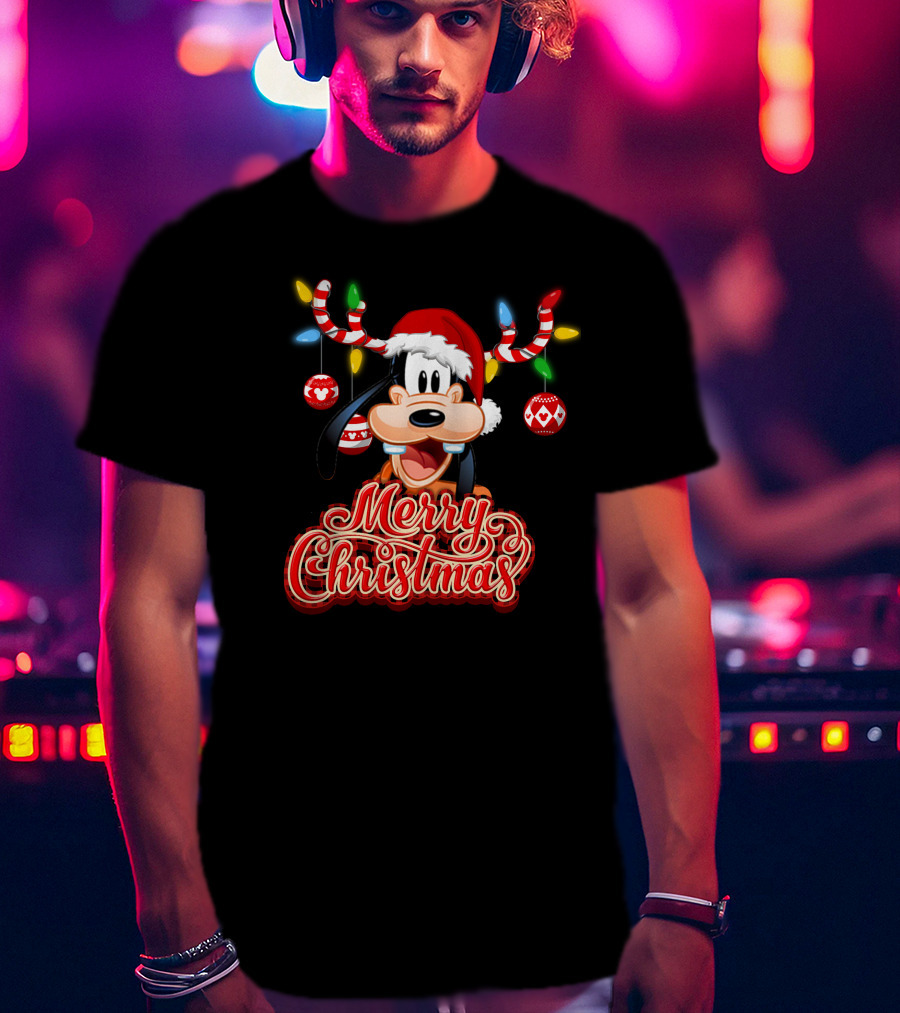 Merry Christmas Goofy Santa Hat Lights Antlers T-Shirt