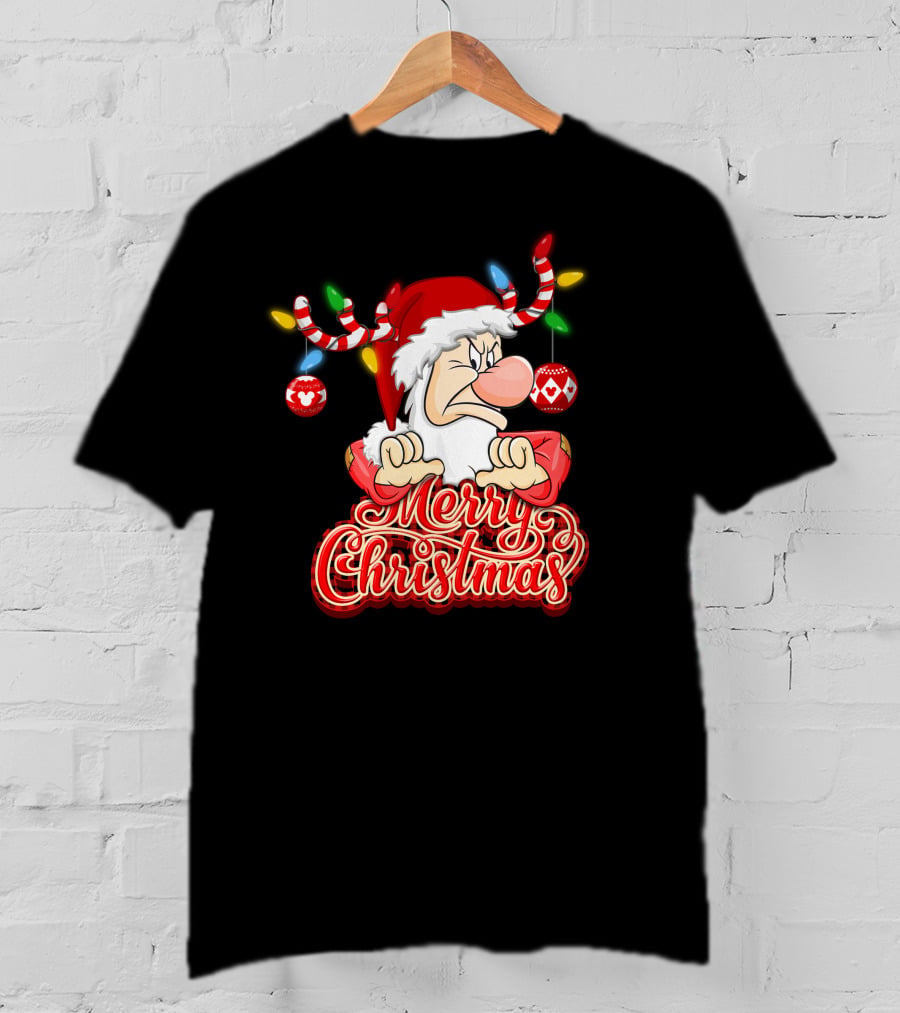 Grumpy Merry Christmas Santa With Reindeer Antlers And Festive Ornaments T-Shirt