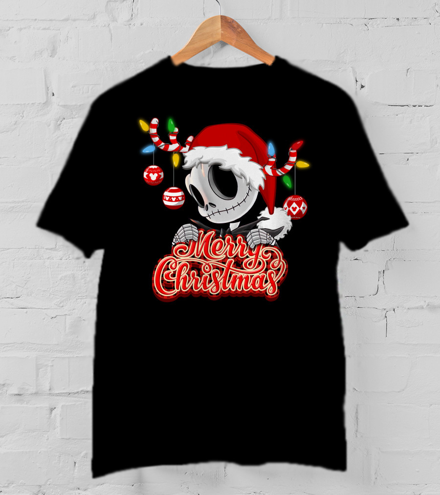 Merry Christmas Santa Jack Skellington With Candy Cane Lights And Ornaments T-Shirt