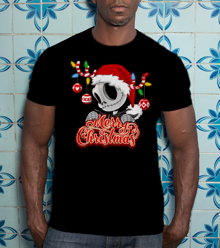 Merry Christmas Santa Jack Skellington With Candy Cane Lights And Ornaments T-Shirt
