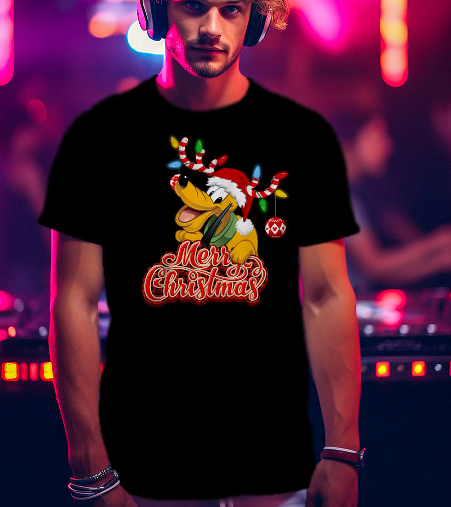 Merry Christmas Pluto Holiday Antlers And Santa Hat T-Shirt