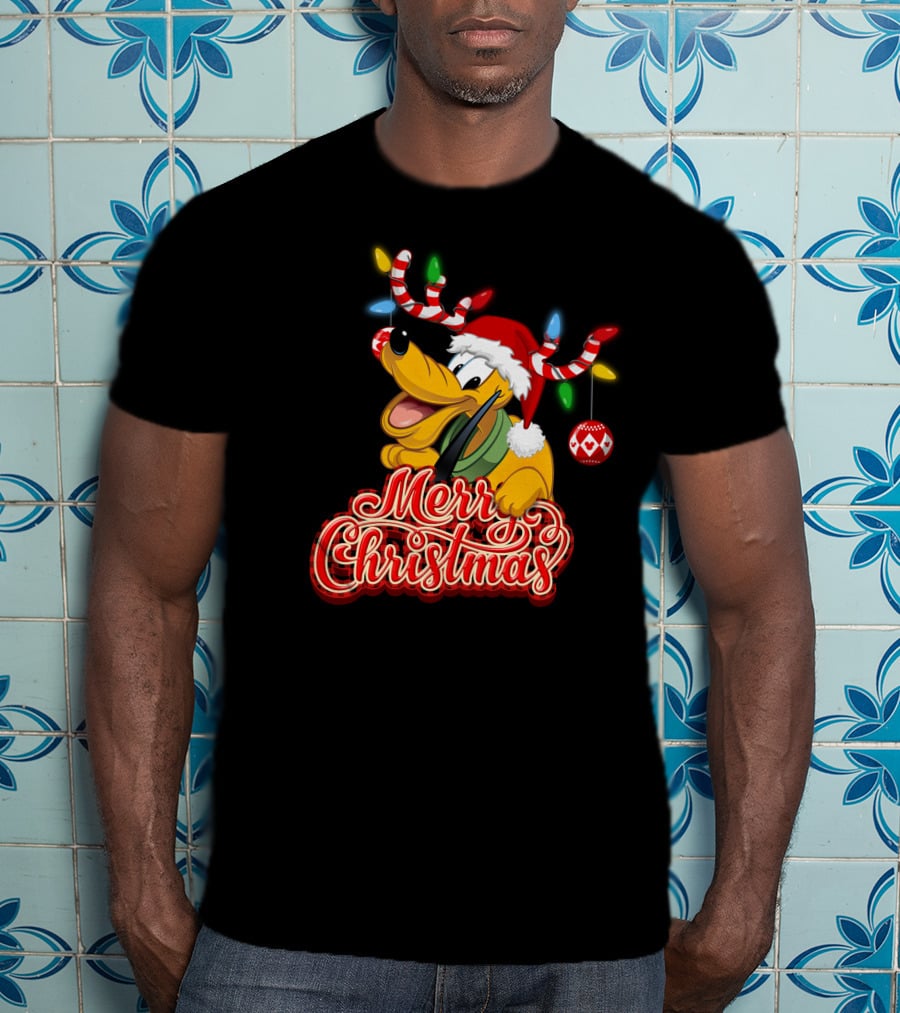 Merry Christmas Pluto Holiday Antlers And Santa Hat T-Shirt