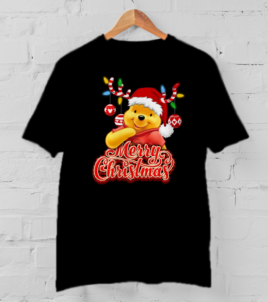 Merry Christmas Pooh Santa Hat Festive Lights Antlers T-Shirt