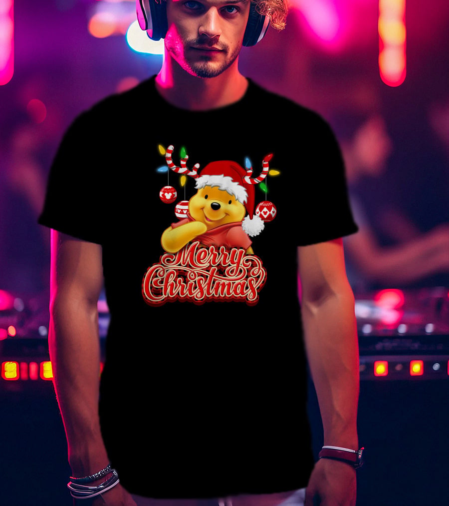 Merry Christmas Pooh Santa Hat Festive Lights Antlers T-Shirt