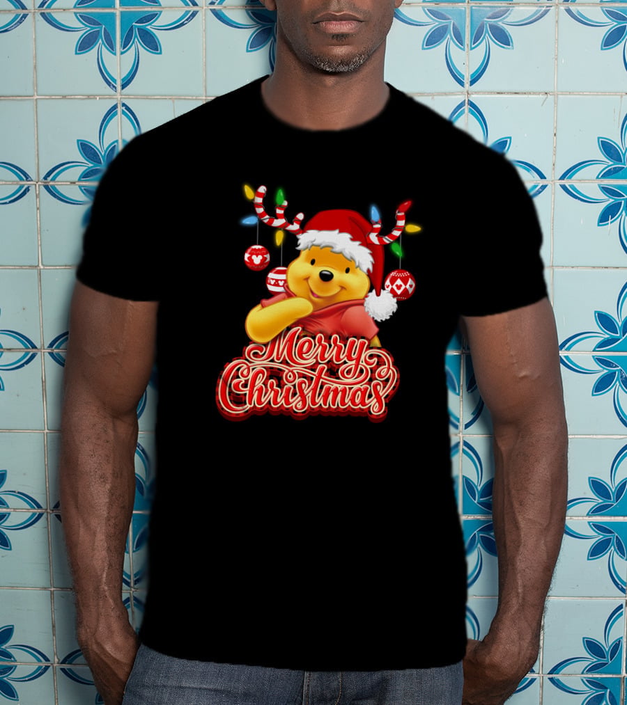 Merry Christmas Pooh Santa Hat Festive Lights Antlers T-Shirt