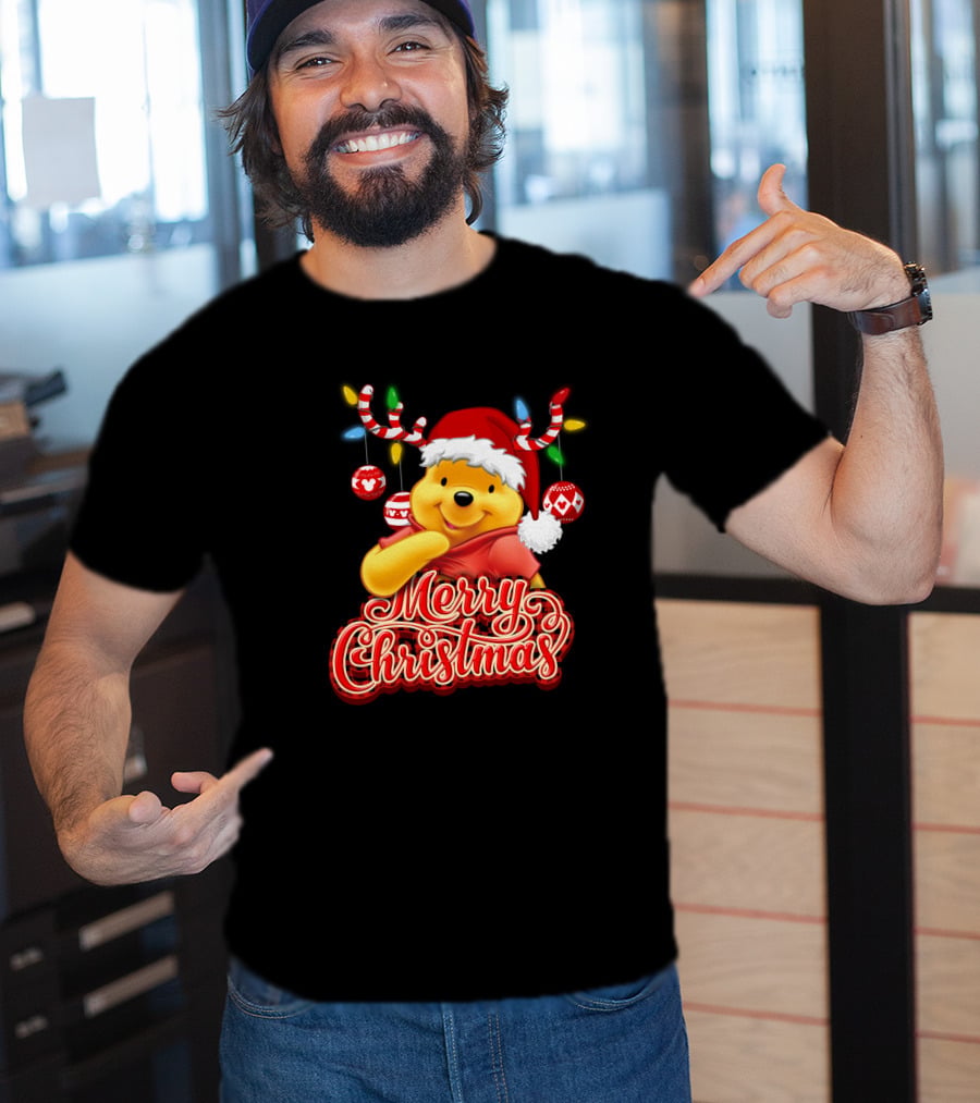 Merry Christmas Pooh Santa Hat Festive Lights Antlers T-Shirt