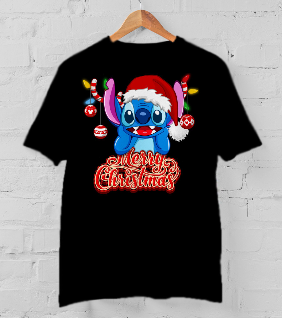 Merry Christmas Stitch Santa Hat Ornaments T-Shirt