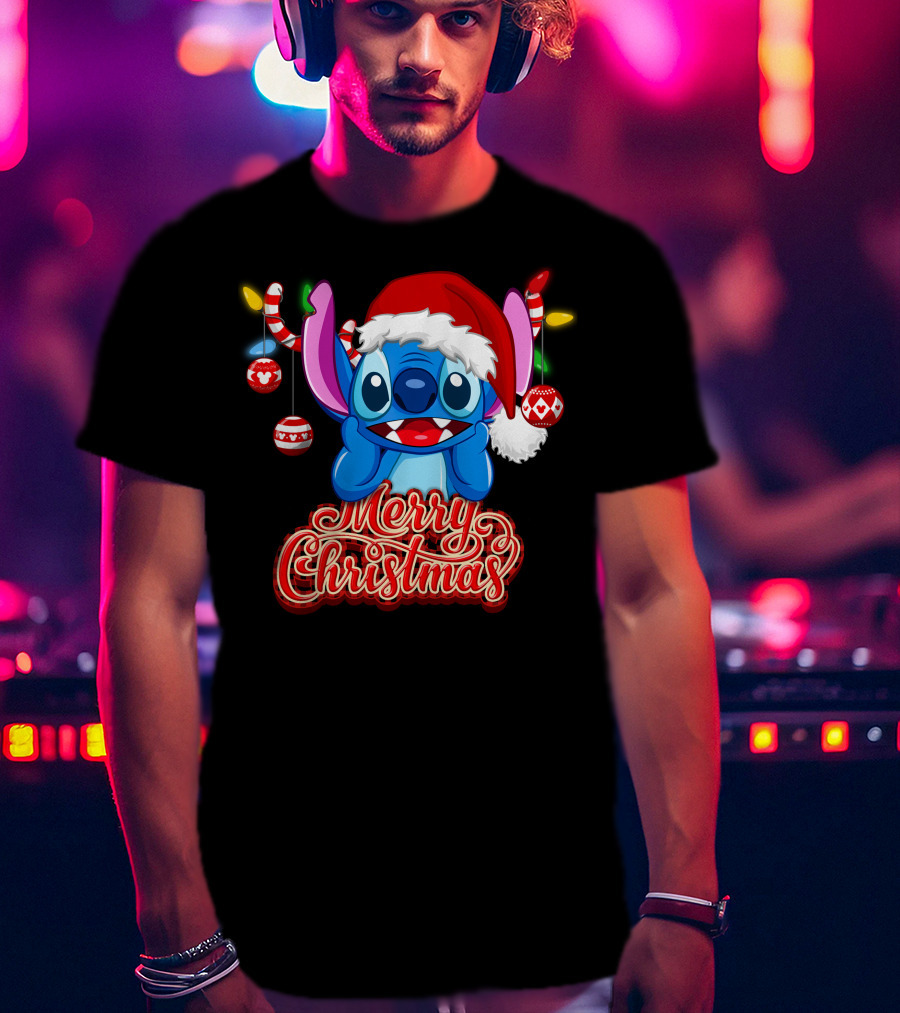 Merry Christmas Stitch Santa Hat Ornaments T-Shirt