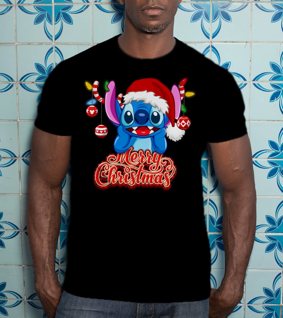 Merry Christmas Stitch Santa Hat Ornaments T-Shirt