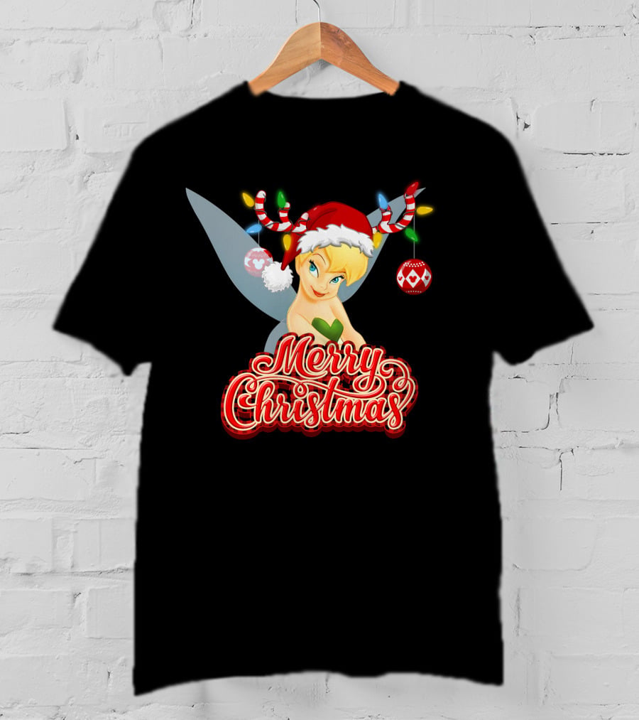 Merry Christmas Tinkerbell Santa Hat Reindeer Antlers Lights Holiday T-Shirt