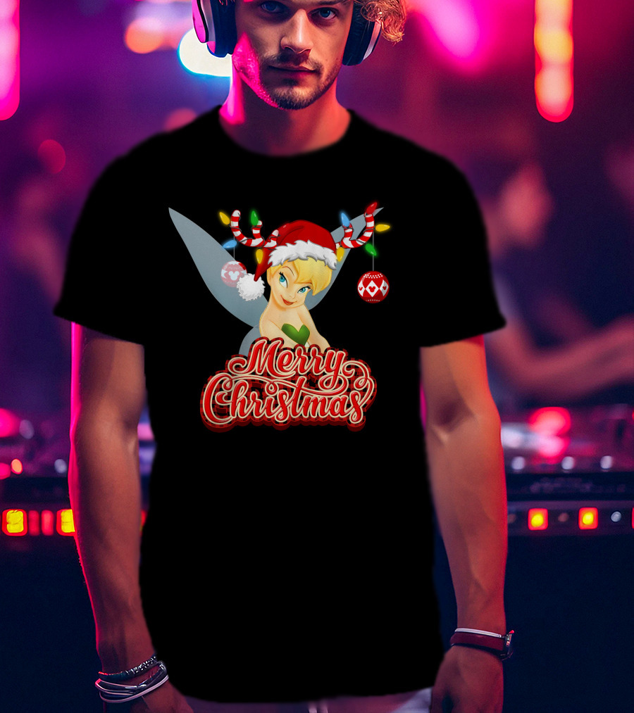 Merry Christmas Tinkerbell Santa Hat Reindeer Antlers Lights Holiday T-Shirt