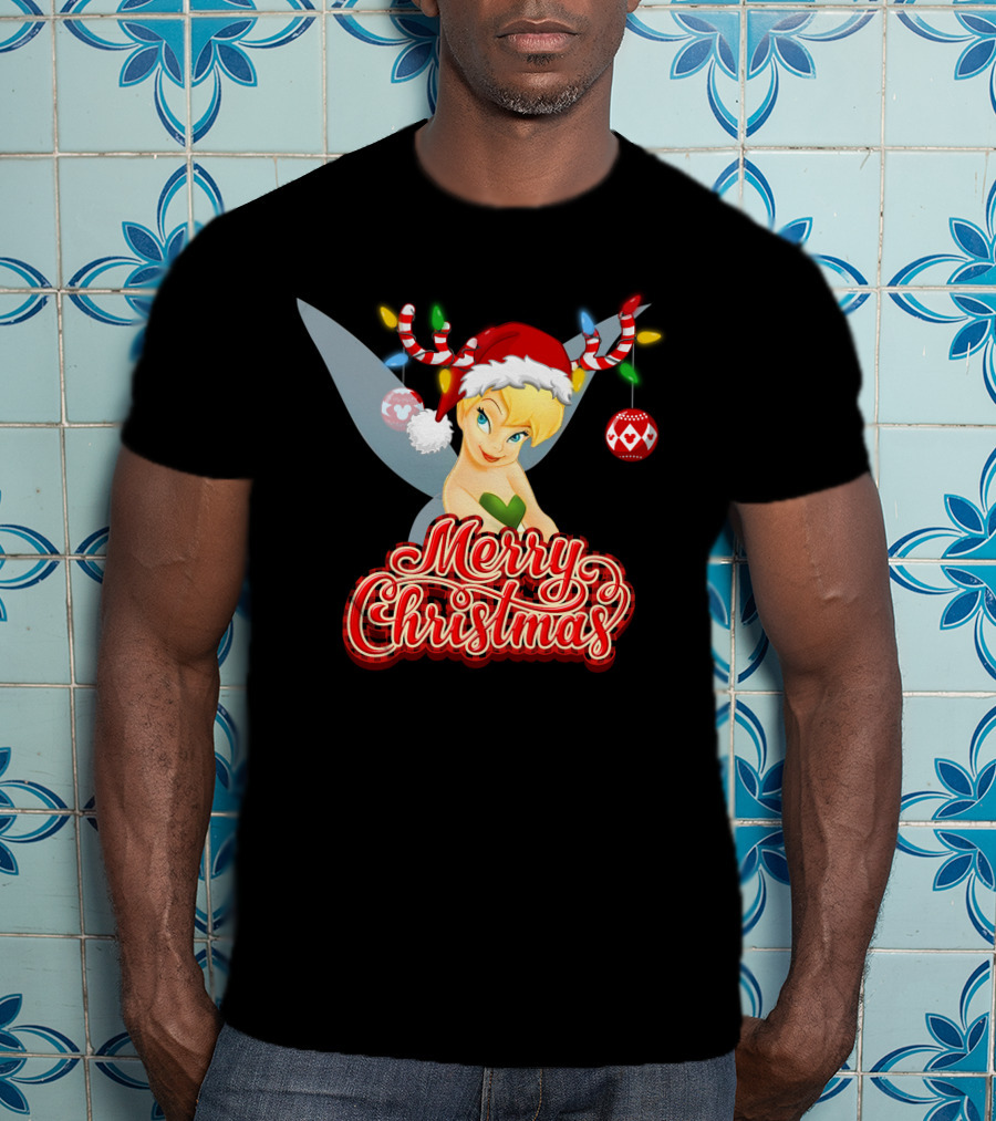 Merry Christmas Tinkerbell Santa Hat Reindeer Antlers Lights Holiday T-Shirt