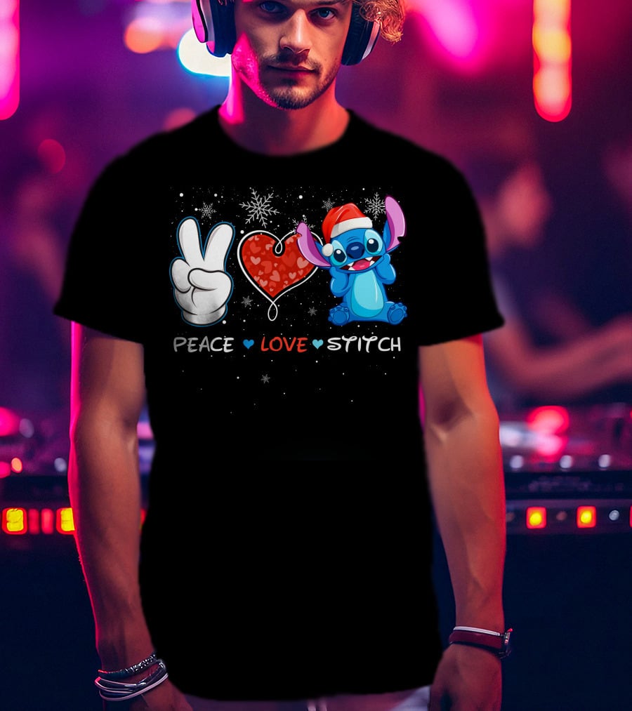 Peace Love Stitch Christmas Santa Hat T-Shirt