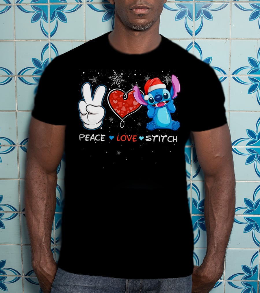Peace Love Stitch Christmas Santa Hat T-Shirt