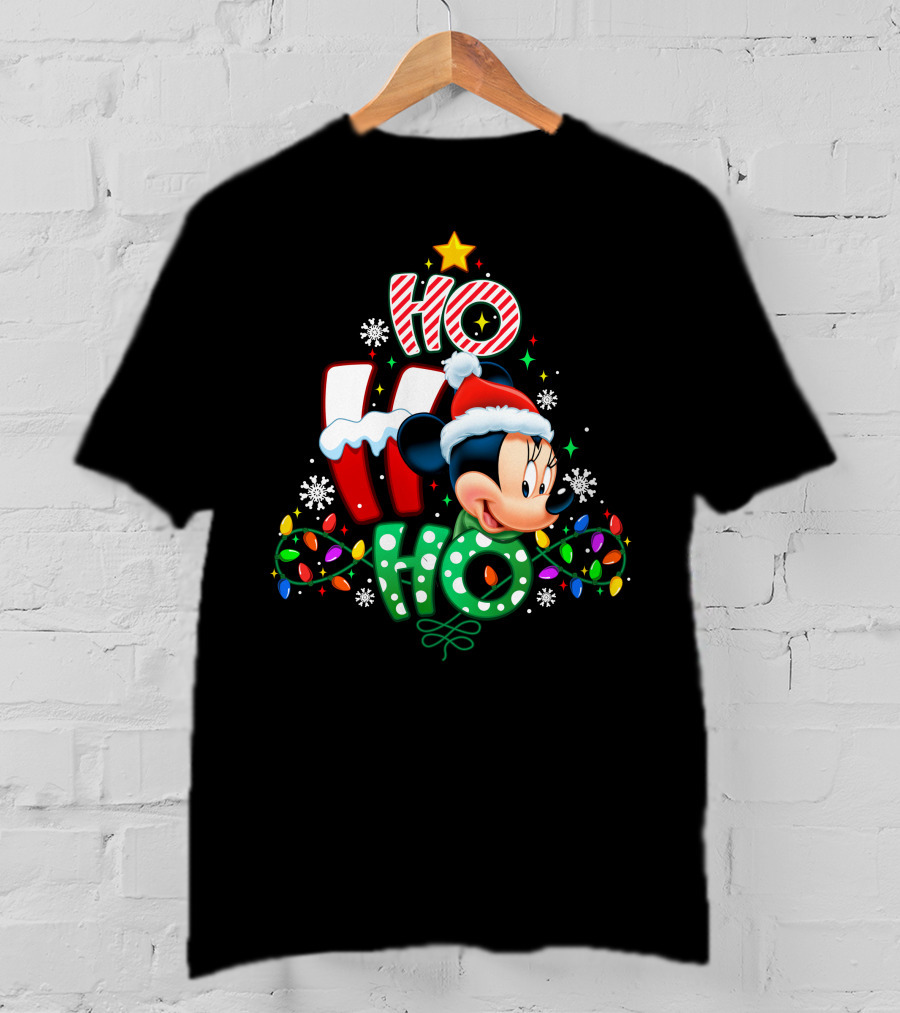 Minnie Mouse Ho Ho Ho Christmas Holiday Lights Snowflakes Santa Hat T-Shirt