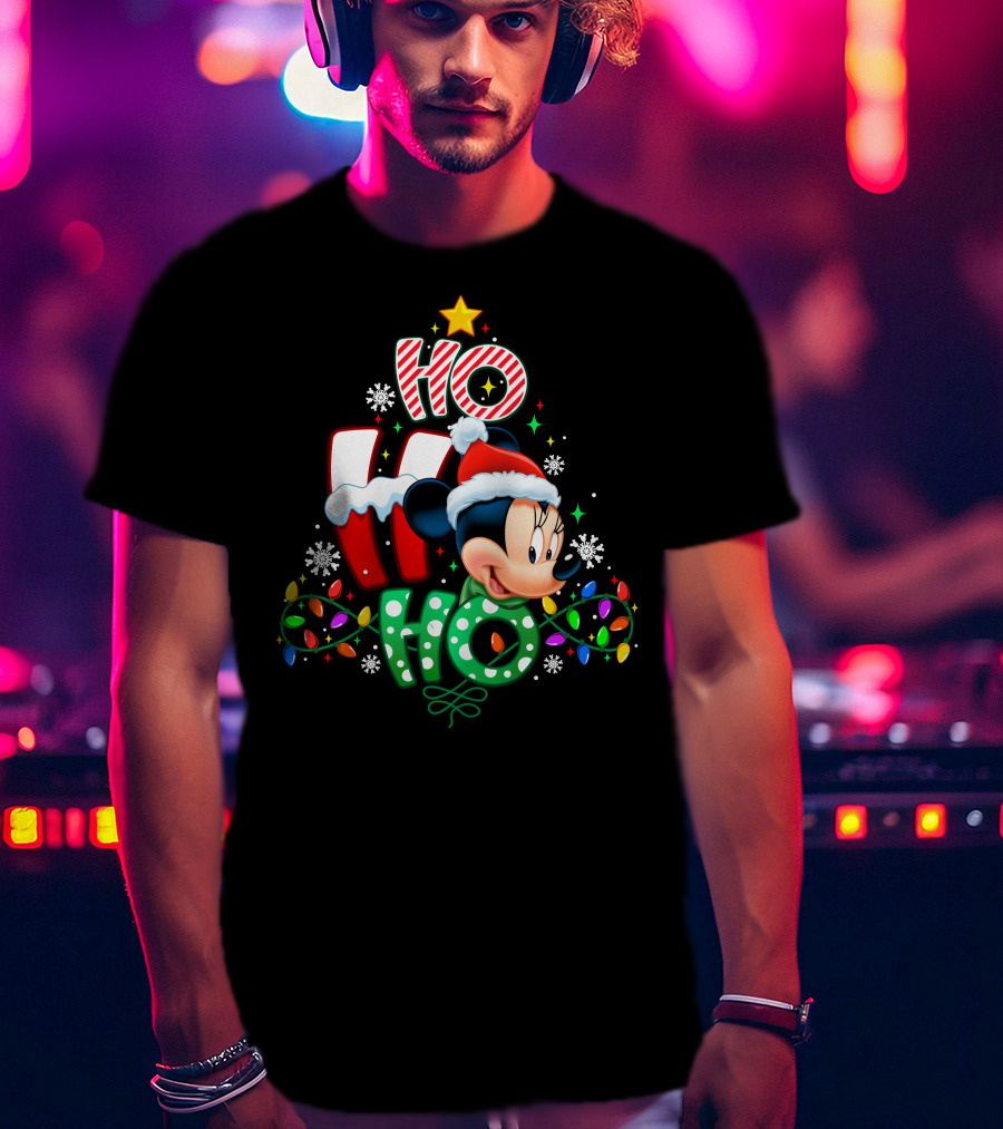Minnie Mouse Ho Ho Ho Christmas Holiday Lights Snowflakes Santa Hat T-Shirt