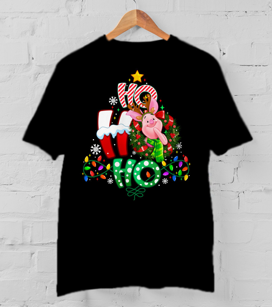 Ho Ho Ho Christmas Piglet Reindeer Lights Snowflakes T-Shirt