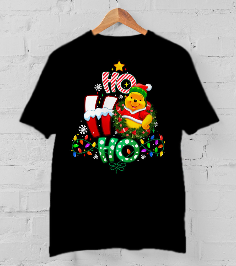 Ho Ho Ho Pooh Christmas Lights Snowflakes Wreath Santa Hat T-Shirt