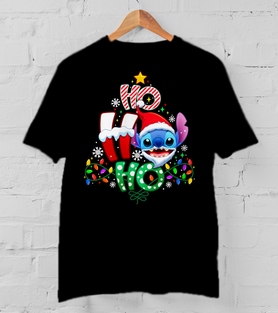Stitch Ho Ho Ho Christmas Santa Hat Lights Snowflakes T-Shirt