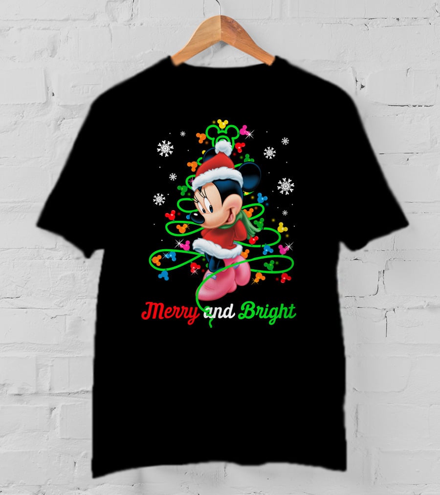 Merry And Bright Minnie Christmas Mickey Ears Holiday Snowflakes T-Shirt