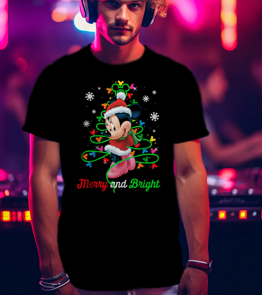 Merry And Bright Minnie Christmas Mickey Ears Holiday Snowflakes T-Shirt