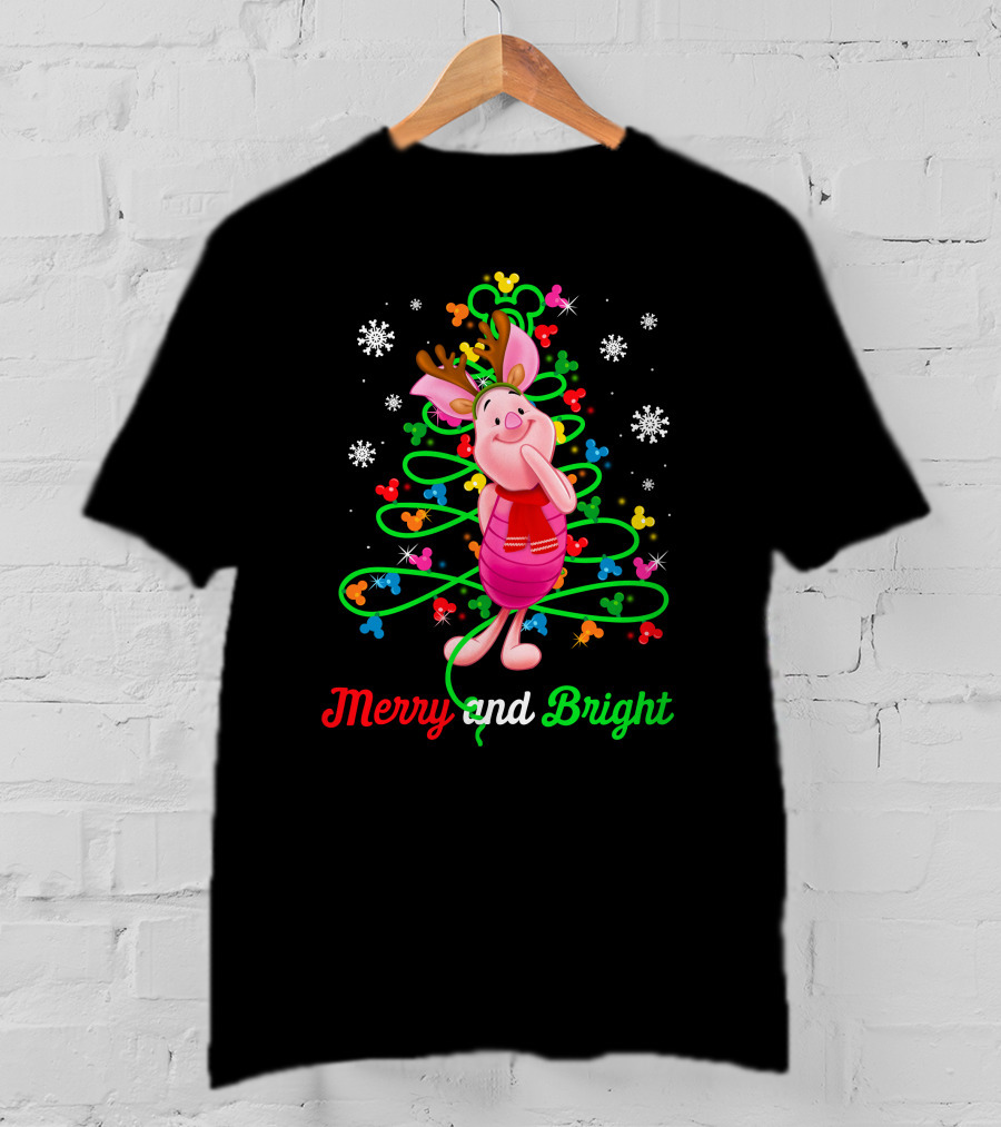 Merry And Bright Piglet Reindeer Christmas Tree Snowflakes T-Shirt