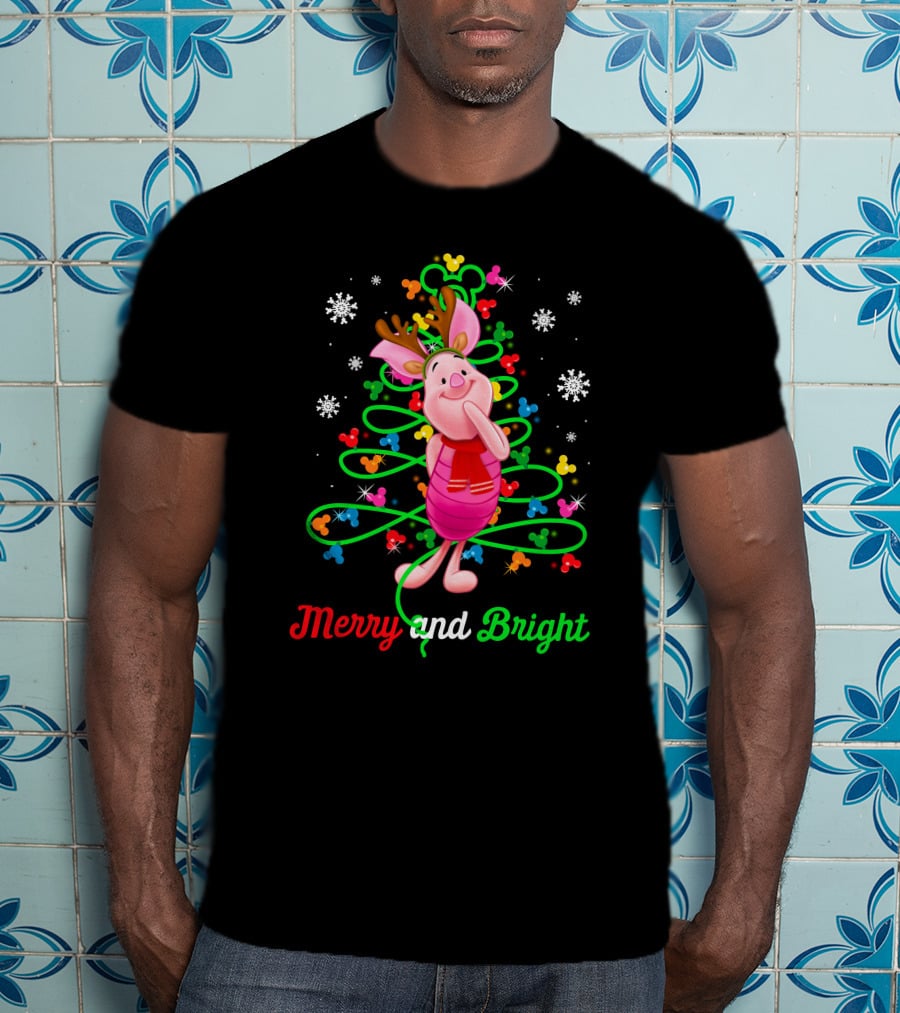 Merry And Bright Piglet Reindeer Christmas Tree Snowflakes T-Shirt