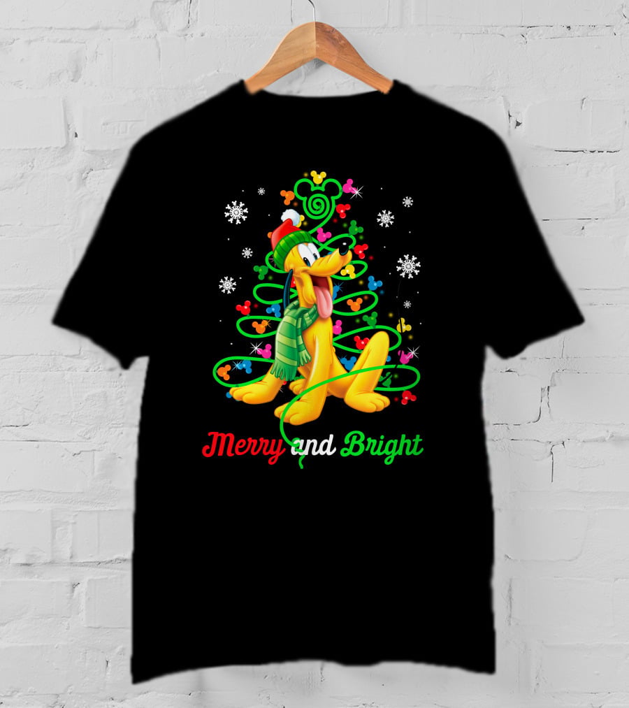 Pluto Merry And Bright Holiday Lights Mickey Snowflakes T-Shirt