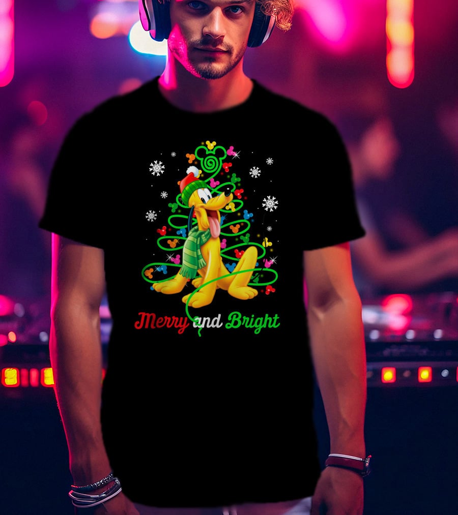 Pluto Merry And Bright Holiday Lights Mickey Snowflakes T-Shirt