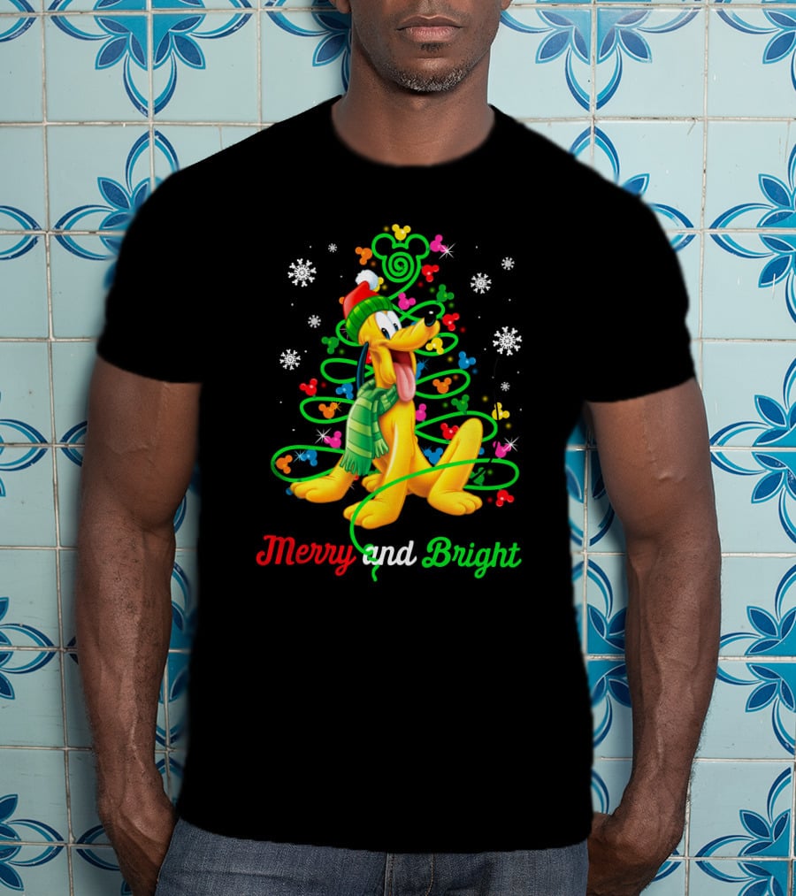 Pluto Merry And Bright Holiday Lights Mickey Snowflakes T-Shirt