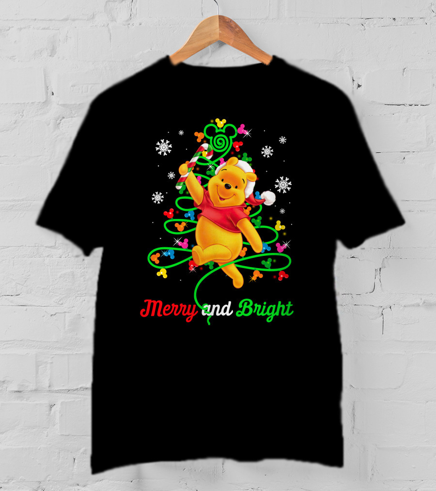 Merry And Bright Pooh Christmas Tree With Candy Cane And Mickey Mouse Ears T-Shirt
