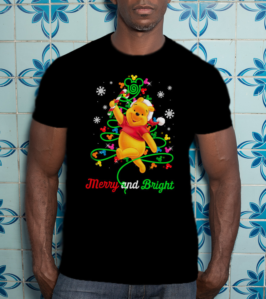Merry And Bright Pooh Christmas Tree With Candy Cane And Mickey Mouse Ears T-Shirt