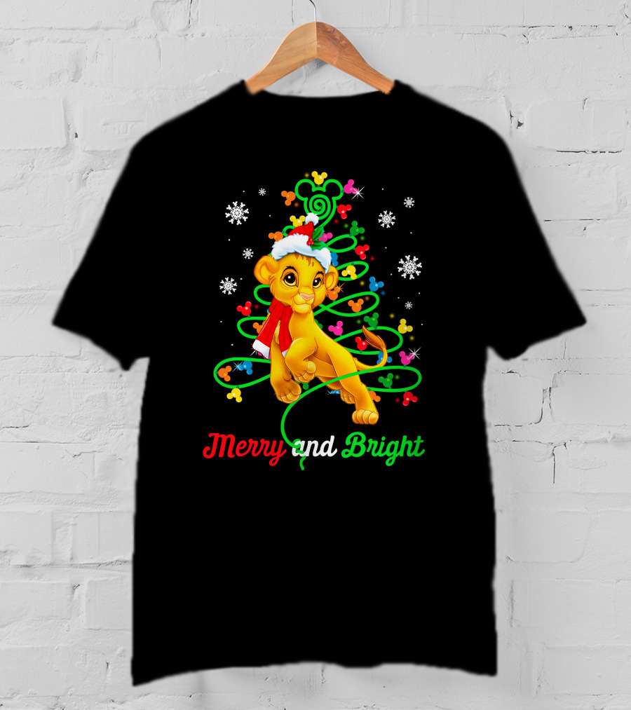 Merry And Bright Simba Christmas Snowflakes Santa Hat T-Shirt