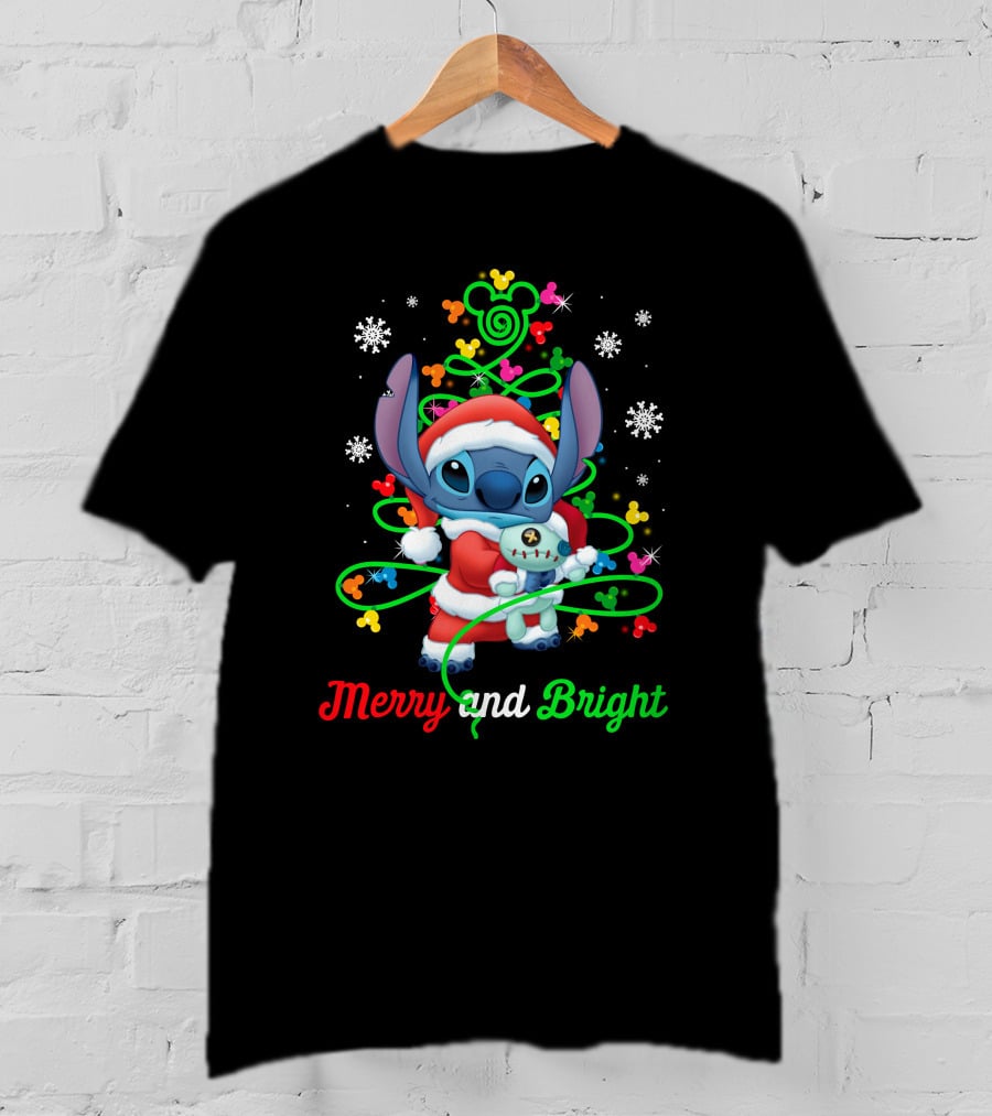 Merry And Bright Stitch Christmas Mickey Tree T-Shirt